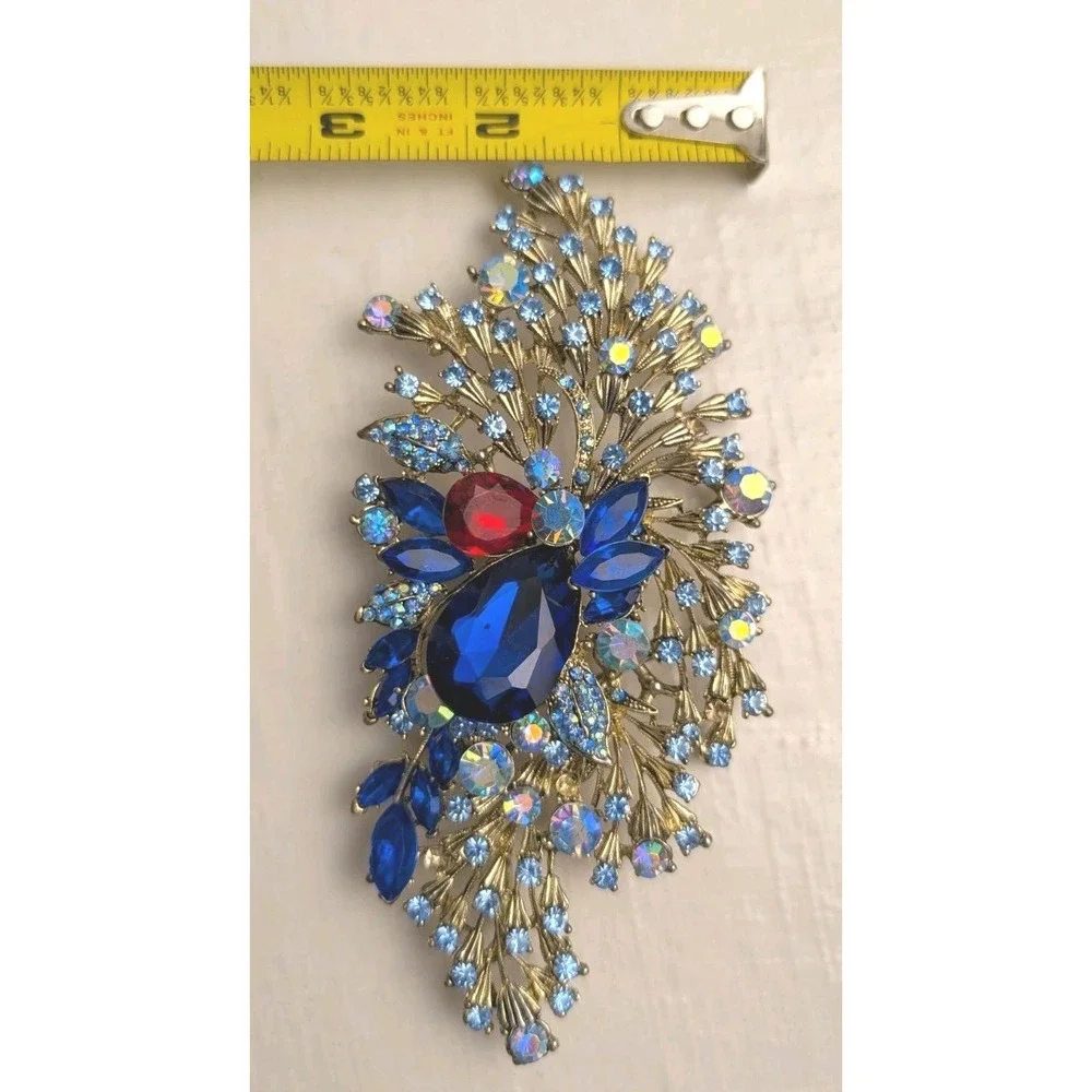 Large Peacock Brooch Pin Blue Red AB Rhinestones Gold Tone Statement 6